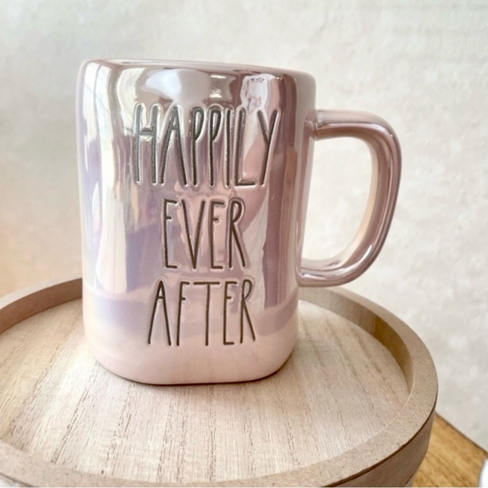 Rae Dunn HAPPILY EVER AFTER Pink Iridescent Ceramic Coffee Mug Brand New!